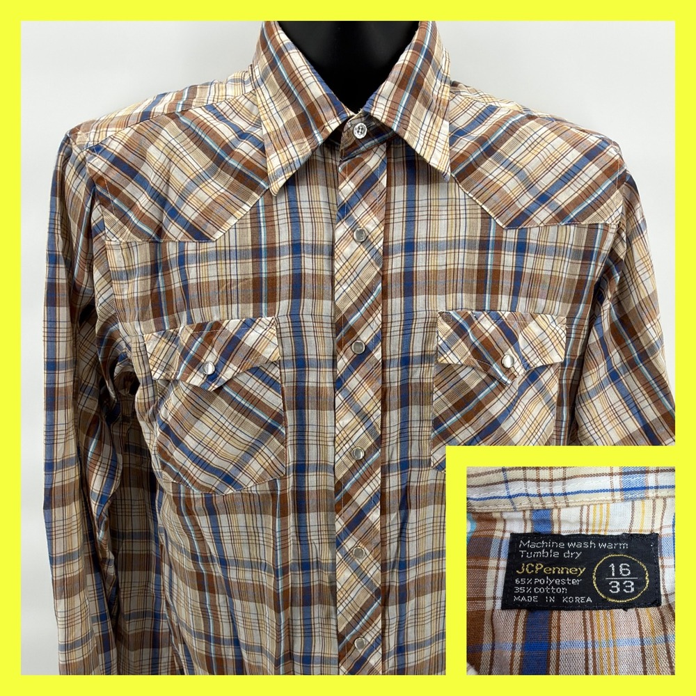 Vtg JCPenney Western Shirt Mens 16 33 Pearl Snap Plaid Brown Blue 70s 80s Cowboy